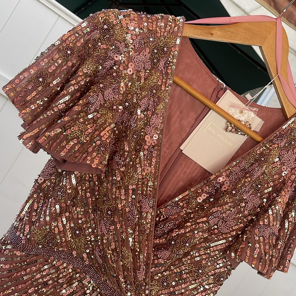 Mac Duggal - Purple Embellished Faux Wrap Flutter Sleeve Dress Size 8 - Picture 7 of 17